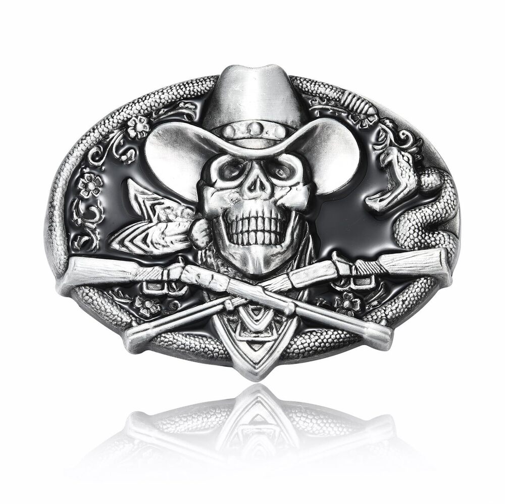 5478 Vintage Ghost Skeleton Skull with Gun Western Belt Buckle American